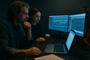 Two colleagues work together on a computer in a low-light environment, emphasizing collaboration and focus.