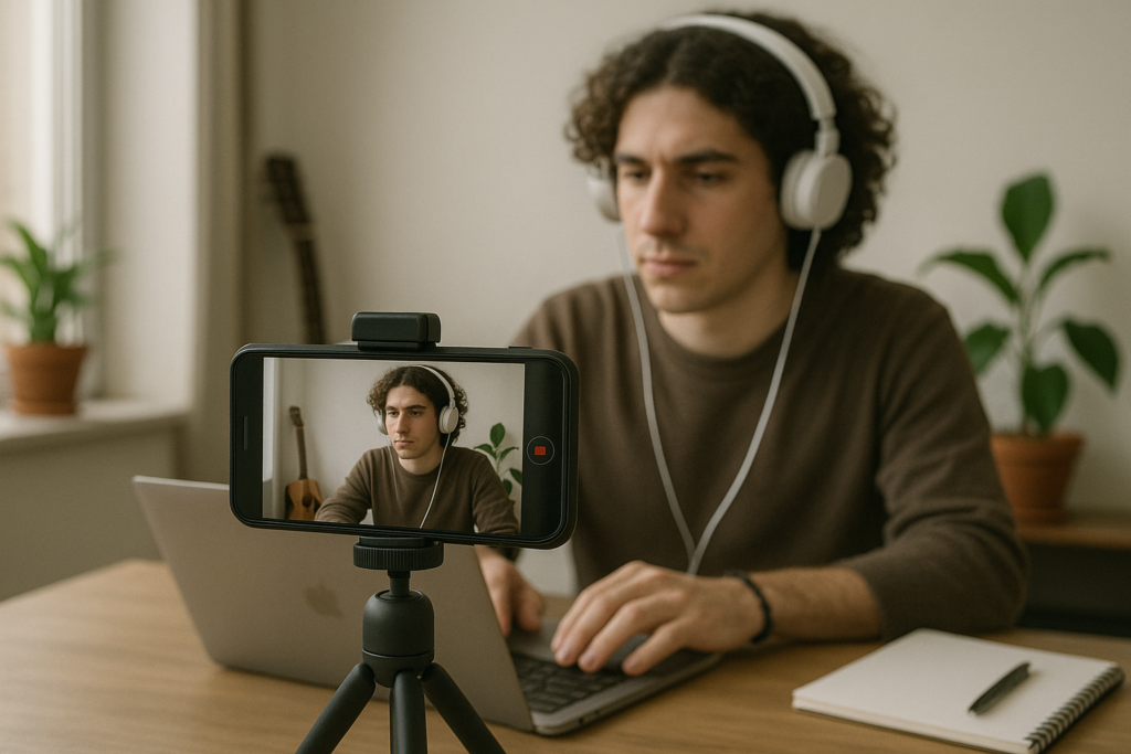A man with headphones is seated at a desk, engaged with his laptop, indicating a work or study environment.
