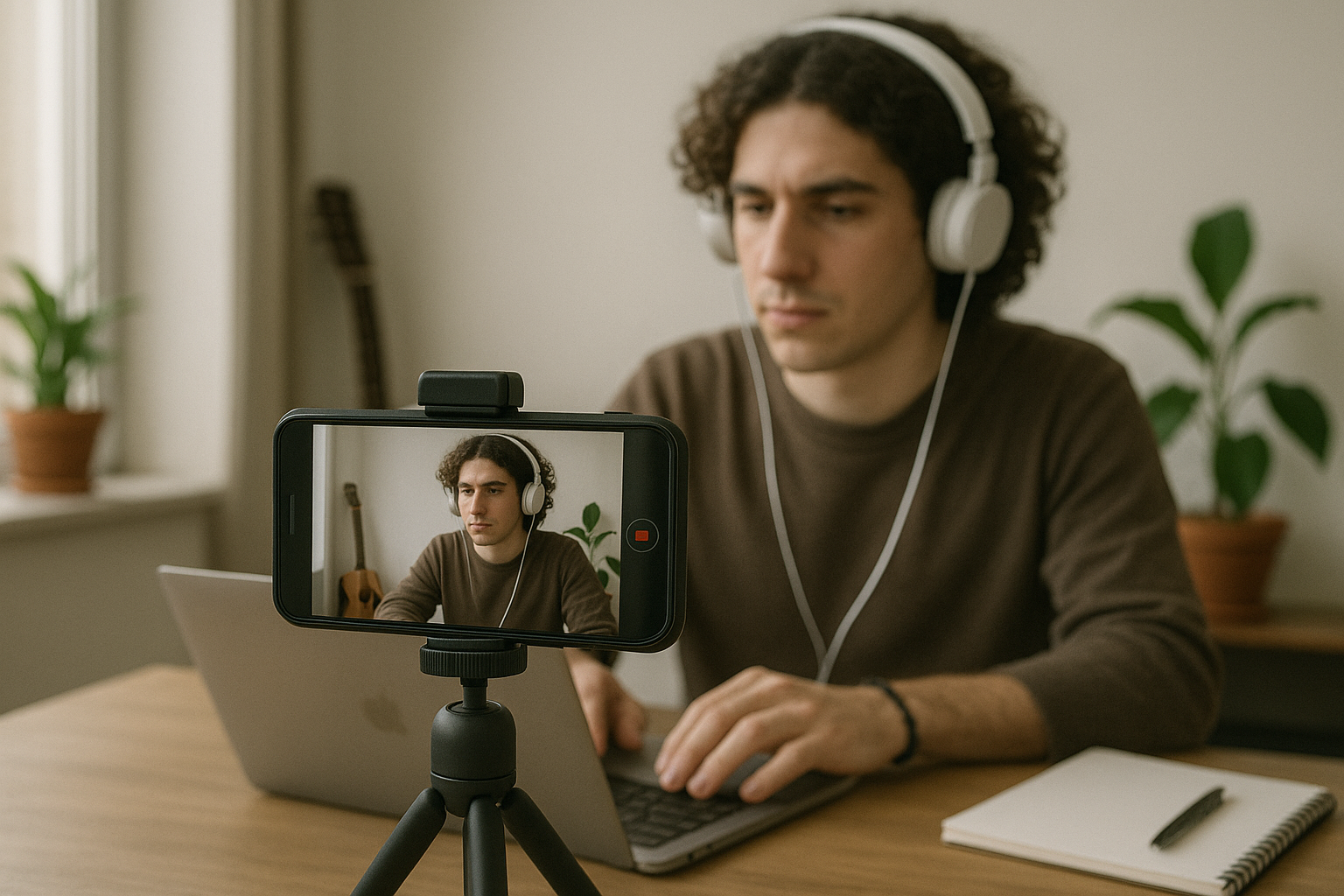 A man with headphones is seated at a desk, engaged with his laptop, indicating a work or study environment.