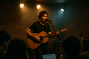 A musician playing an acoustic guitar on stage, entertaining a lively audience.