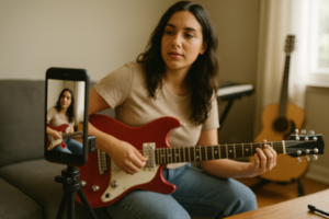 A woman strumming a guitar in front of a camera, capturing a moment of live performance and artistic expression.