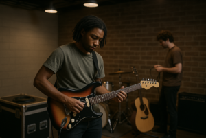 man engaged in playing an electric guitar inside a recording studio, featuring various audio recording tools around him.