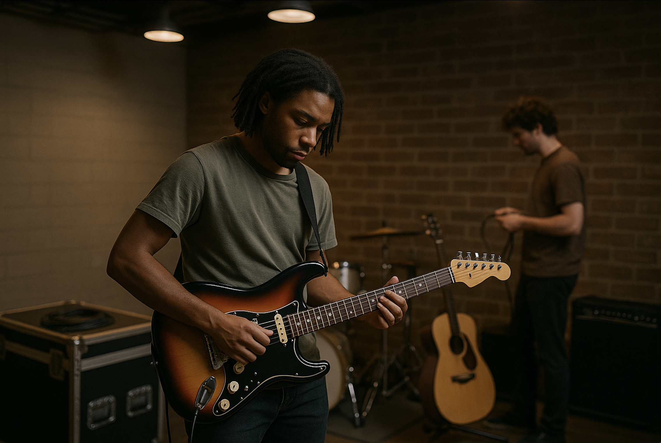 man engaged in playing an electric guitar inside a recording studio, featuring various audio recording tools around him.