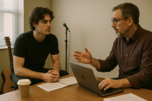 Two men sit at a table with a laptop and a guitar, engaged in conversation and collaboration.