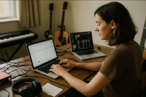 A woman at a desk with a laptop and headphones, engaged in a task, showcasing a productive work environment.
